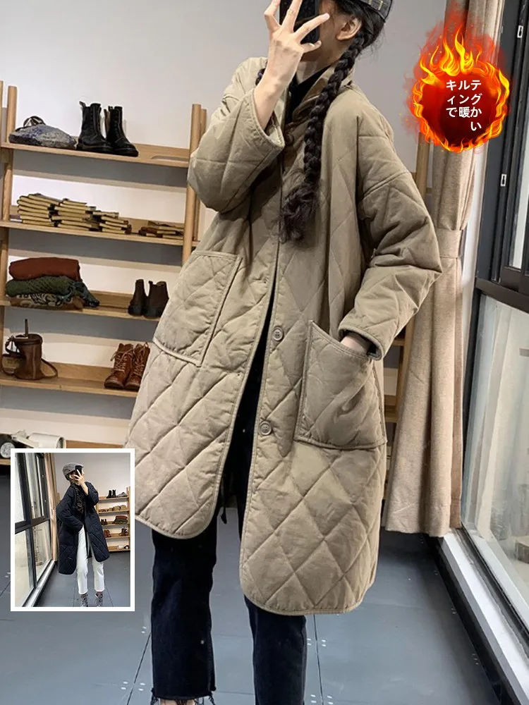 

Lightweight Cotton Jacket Long Sleeve Collar Grid Pattern Pure Color Large Size Women's Warm Cotton Clothes Casual Commute