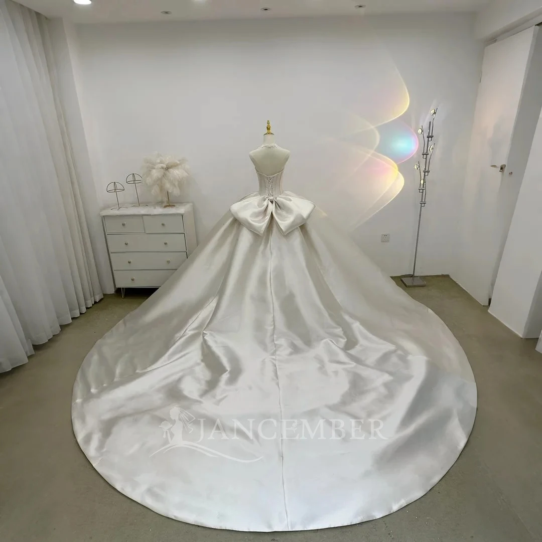 Customized Luxurious Wedding Dress Removable Neck Satin Gown Full Sleeve Bride Wholesale Lace Up Back Vestido De Novia