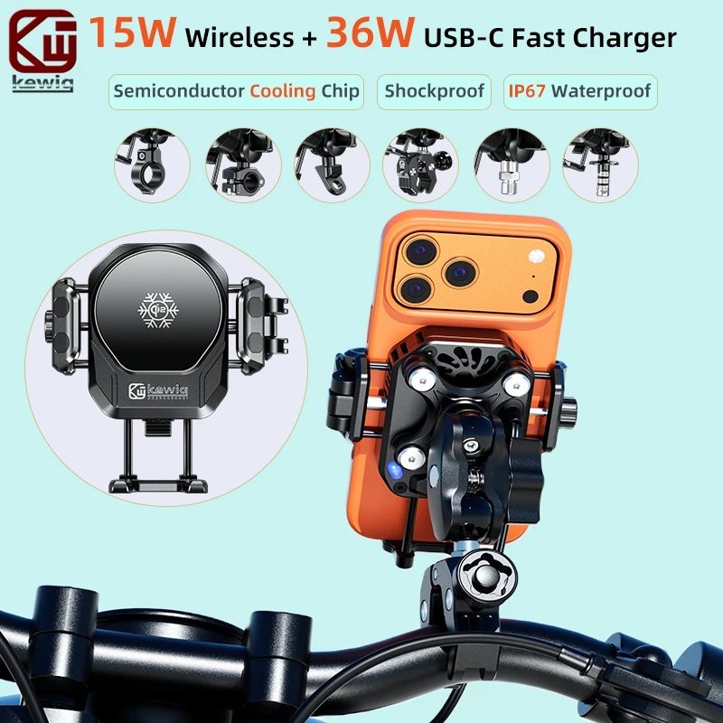 Kewig M33Pro-A6 Motorcycle Phone Holder Qi2 15W Wireless Charge 36W USB C Fast Charge Shockproof With Fan Cooling Phone Mount