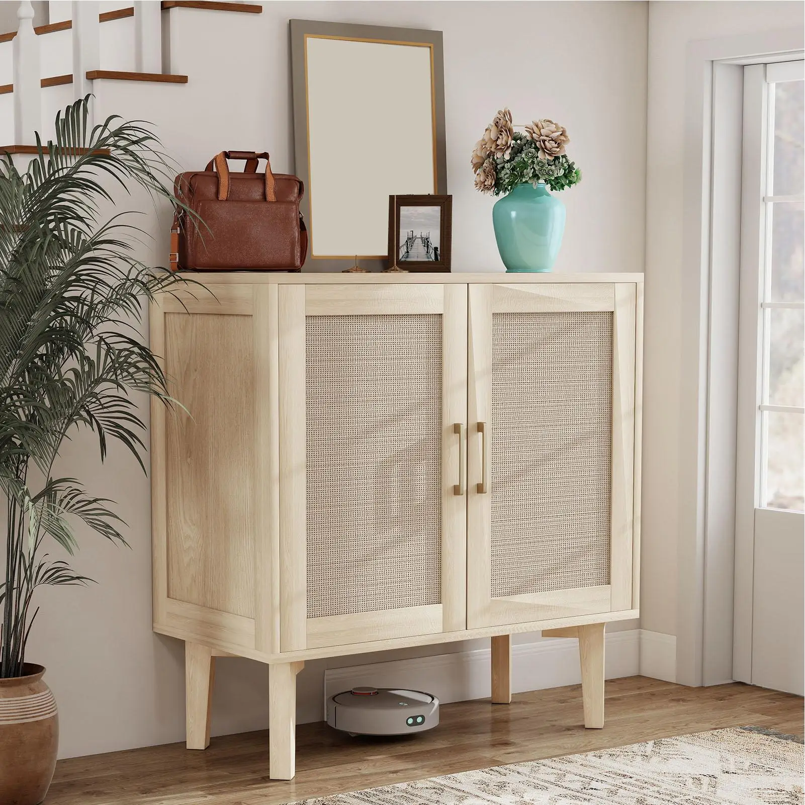 خزانة بوفيه مع أبواب ديكور الروطان وأقدام خشبية صلبة وخزانة جانبية متعددة الوظائف لغرفة الطعام والمطبخ الخفيف من خشب البلوط #3