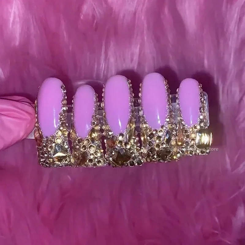 Feito à mão forma de pato bling strass imprensa em unhas personalizado capa completa prego falso com cola reutilizável unhas falsas festa