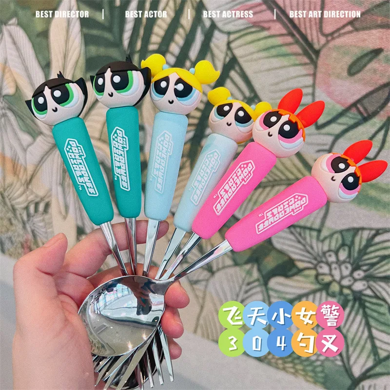 The Powerpuff Girls Childrens Tableware 304 Stainless Steel Fork Spoon Set Cute Teaspoon Dessert Snack Scoop Spoons Kitchen Tool