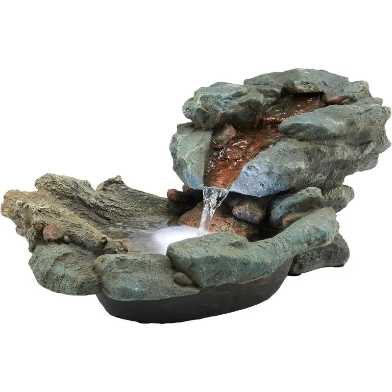 WIN568 Indoor Tabletop Tiered River Rock Waterfall Fountain w/ LED Lights & Natural Stone Look, 9