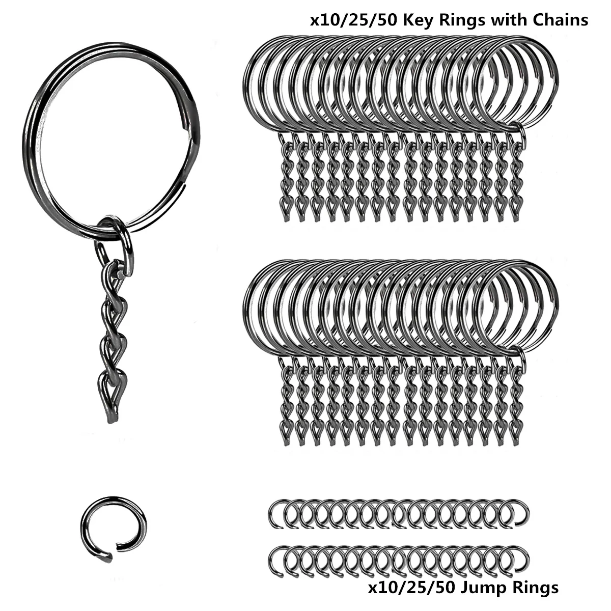 10/25/50 set sleutelhangers met kettingen en open jumpers, 1 inch open ronde sleutelhangerringen in bulk Geschikt voor handwerk om sieraden te maken