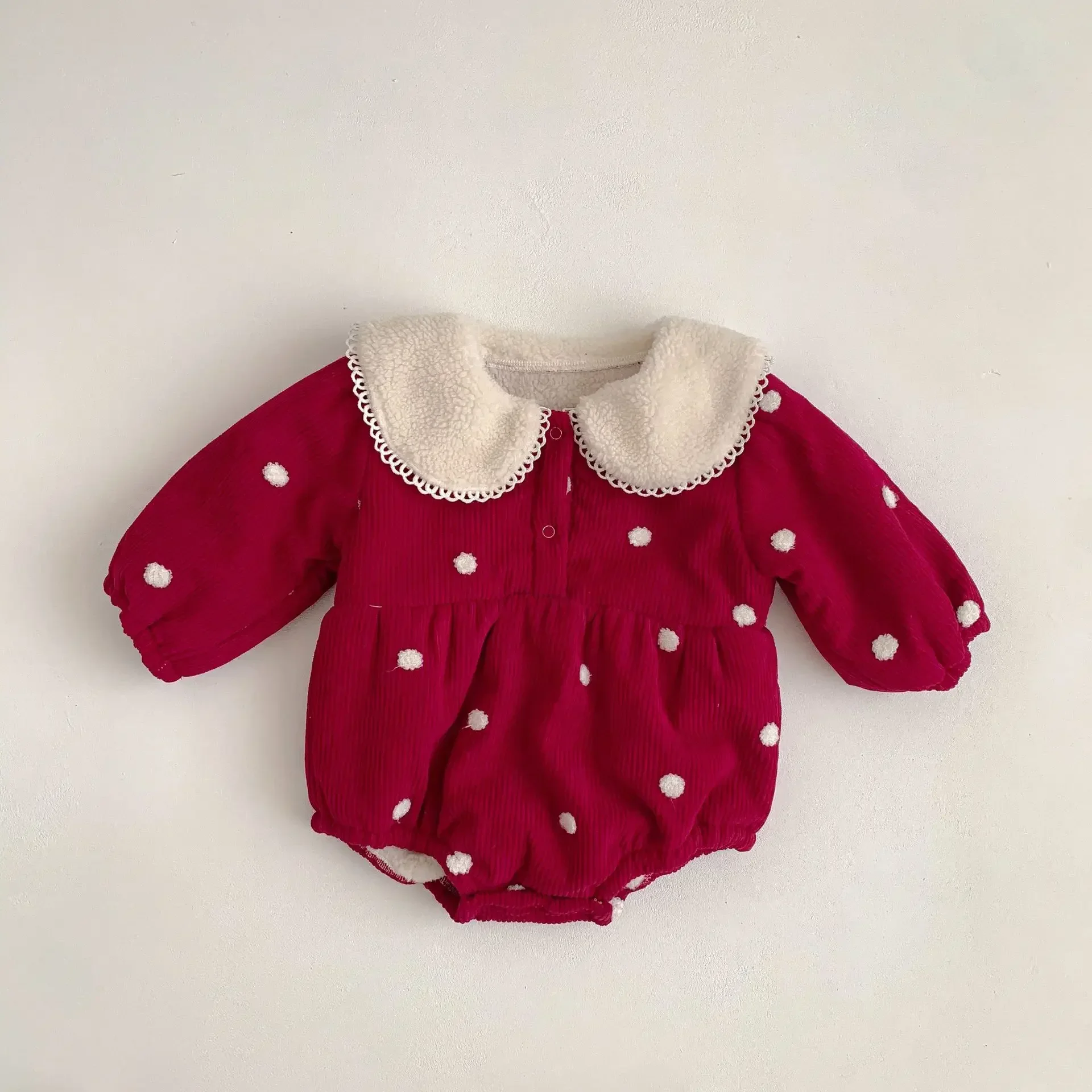 Winter New in Kids Baby Girls Cute Dot Outwear - Infant Thick Plush Peter Pan Collar Warm Jumpsuits , Newborn Romper 0-3Y