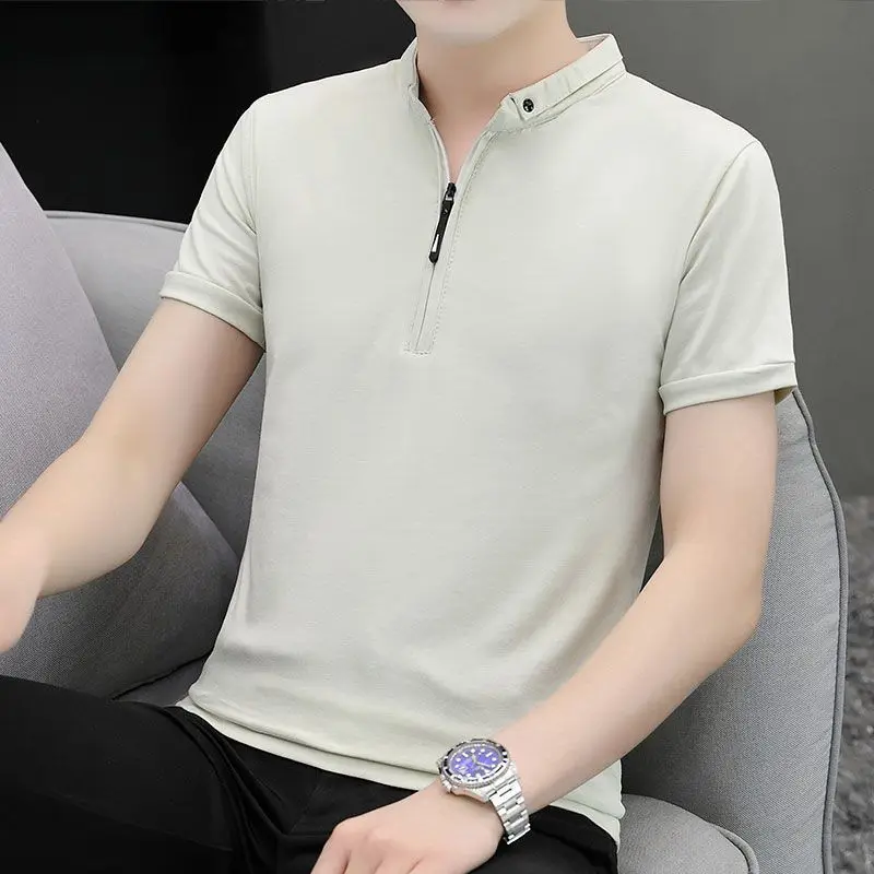 Men's Pure Cotton Short-sleeved Half-zipper POLO Shirt Small Collar Korean Slim Base Shirt Comfortable Casual Versatile T-Shirts