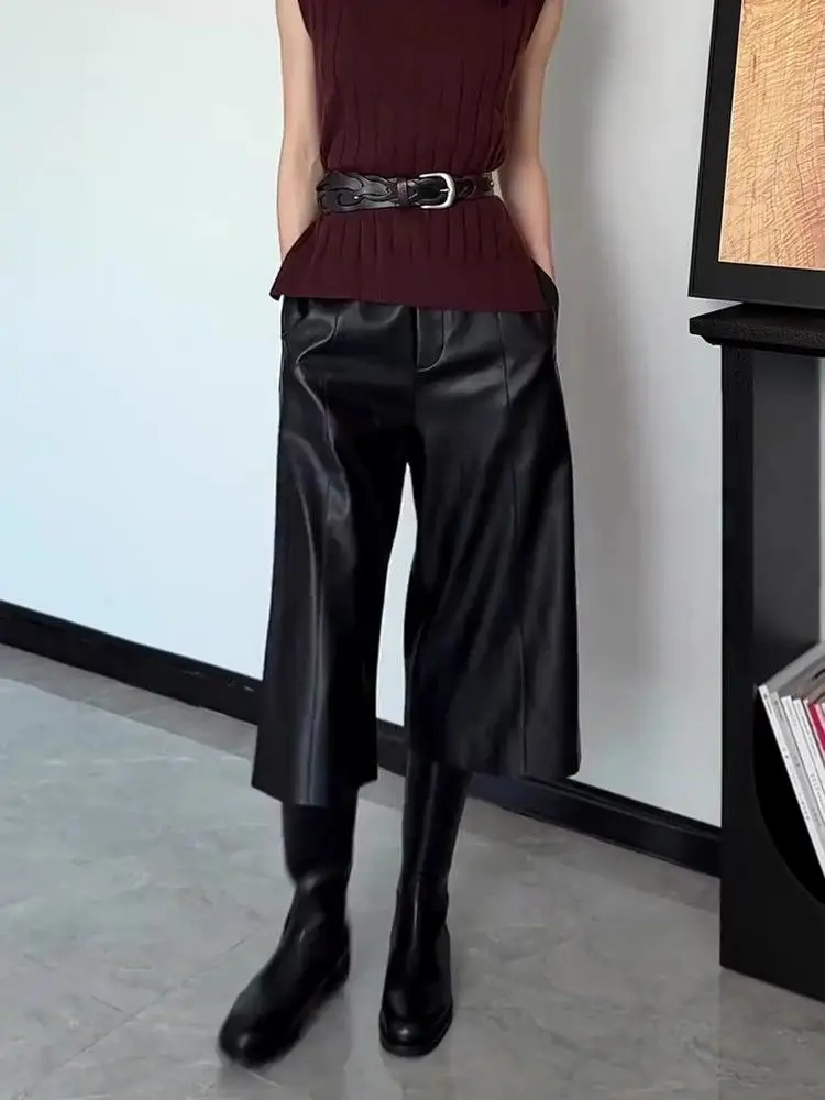 قسط السراويل الجلدية السوداء المرأة الخريف جديد عالية الخصر فضفاضة ورقيقة مزاجه السراويل المستقيمة #4