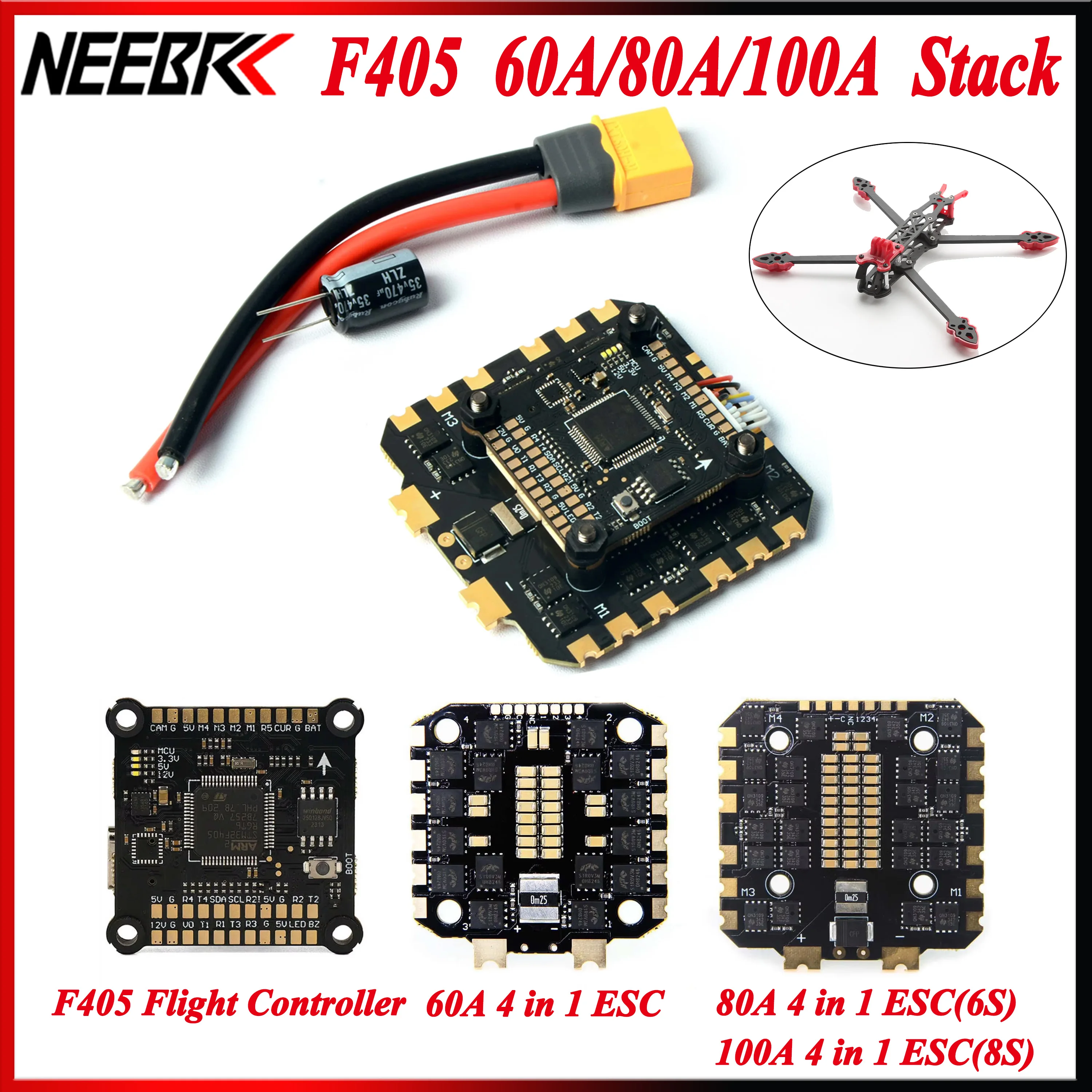 NEEBRC F405 Flight Controller FC 60A 80A 100A Stack 4in1 ESC 3-8S Support BetaFlight/INAV for Mark4 FPV Freestyle Drone Airplane