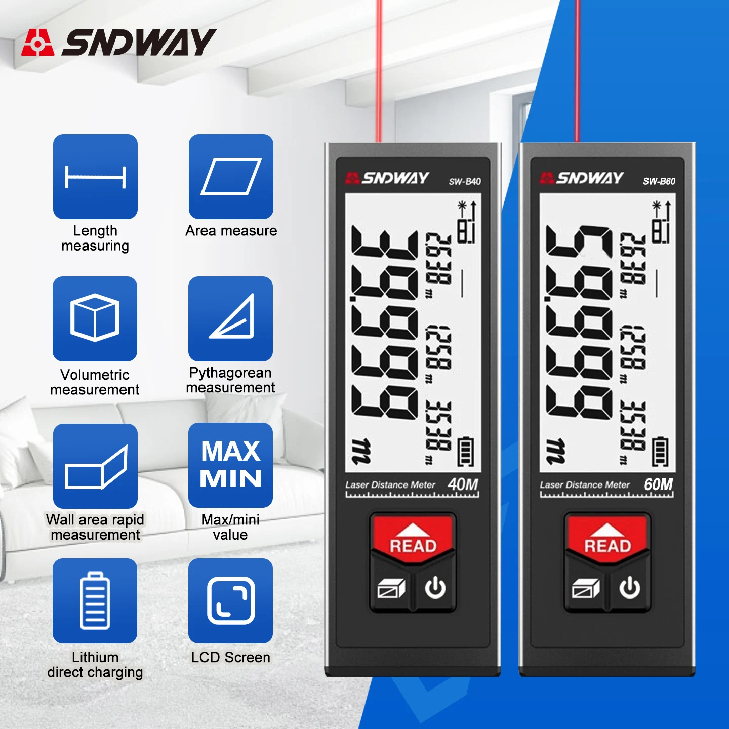SNDWAY distance measuring instrument SW-B40/B60 Bluetooth laser distance meter, infrared distance meter, electronic ruler