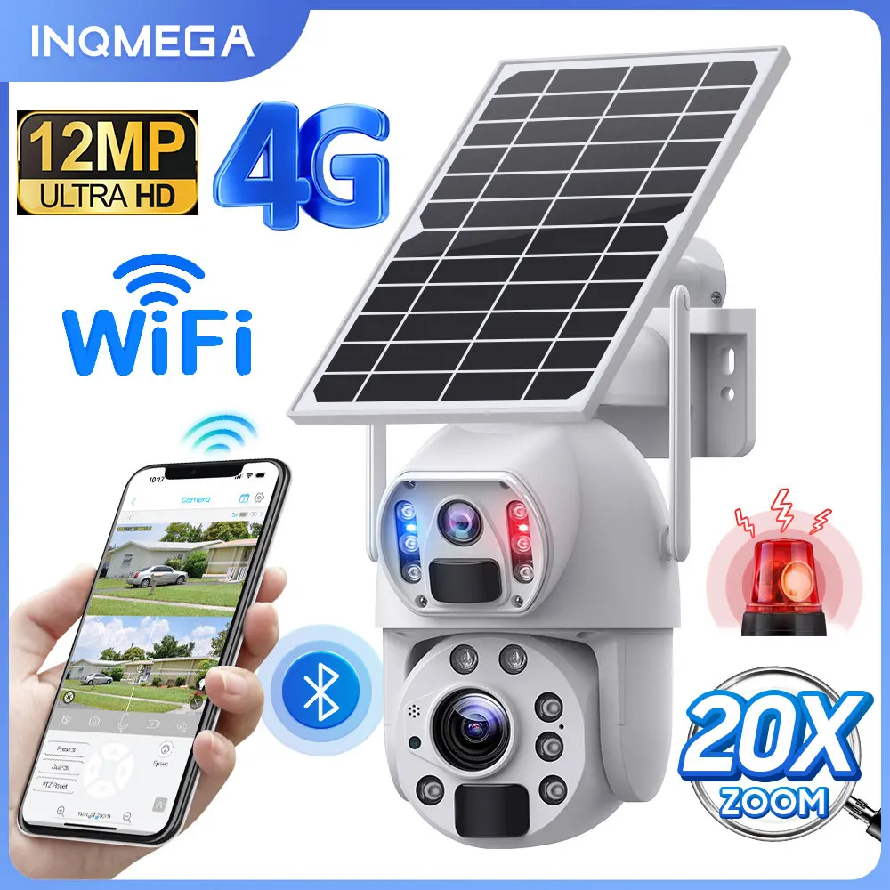 INQMEGA 8MP WIFI/ 4G Solar Powered Camera with Optical Zoom Outdoor Kamera Two PIR Human Dection Voice Audio Security Protection
