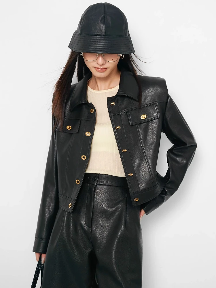 Elegant Genuine Leather Cropped Jackets Women Spring Autumn High-end Simple Shoulder Pad Design Soft Black Real Sheepskin Coat