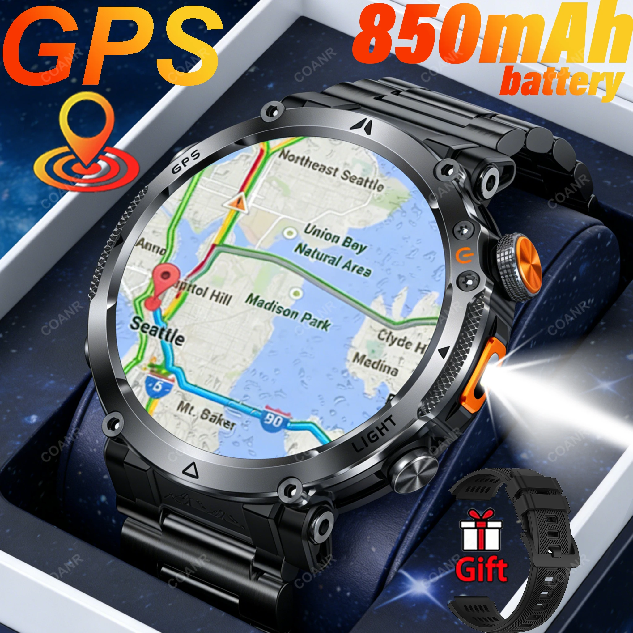 

Новые военные спортивные GPS-смарт-часы COANR для активного отдыха, фитнес-часы для мужчин, 1,7-дюймовый большой экран, аккумулятор 850 мАч, фонарик, функция звонков, умные часы