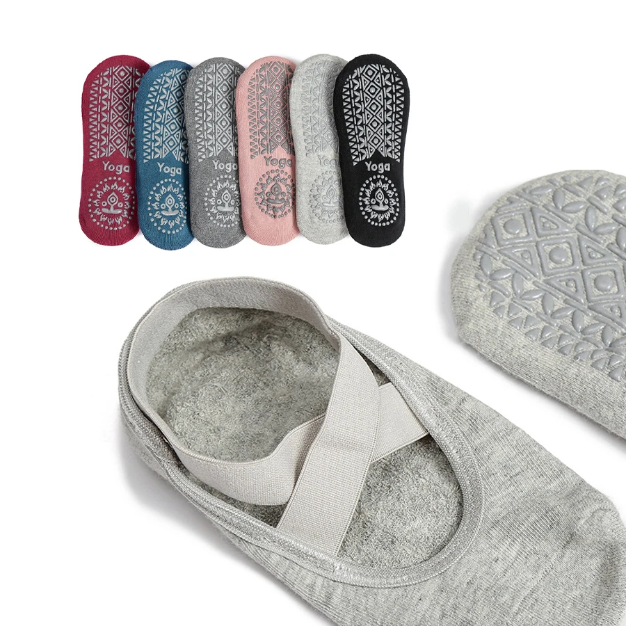 

Носки для йоги с противоскользящей подошвой, с перекрестными ремешками, из петлевой шерсти, амортизирующие, для спорта, фитнеса, йоги.