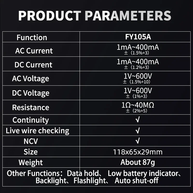 MASTFUYI FY105A AC DC LCD 디지털 멀티미터 전압계, 전류계, 옴 테스터, 높은 안전성, 휴대용 계량기 디지털 멀티미터