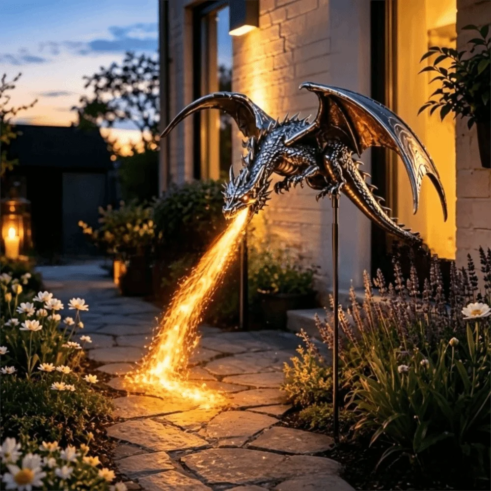 Solar Powered Solar Garden Light Waterproof Resin Craft Solar Fire Garden Lamp Dragon Fire Design Resin Artwork Landscape Lamp