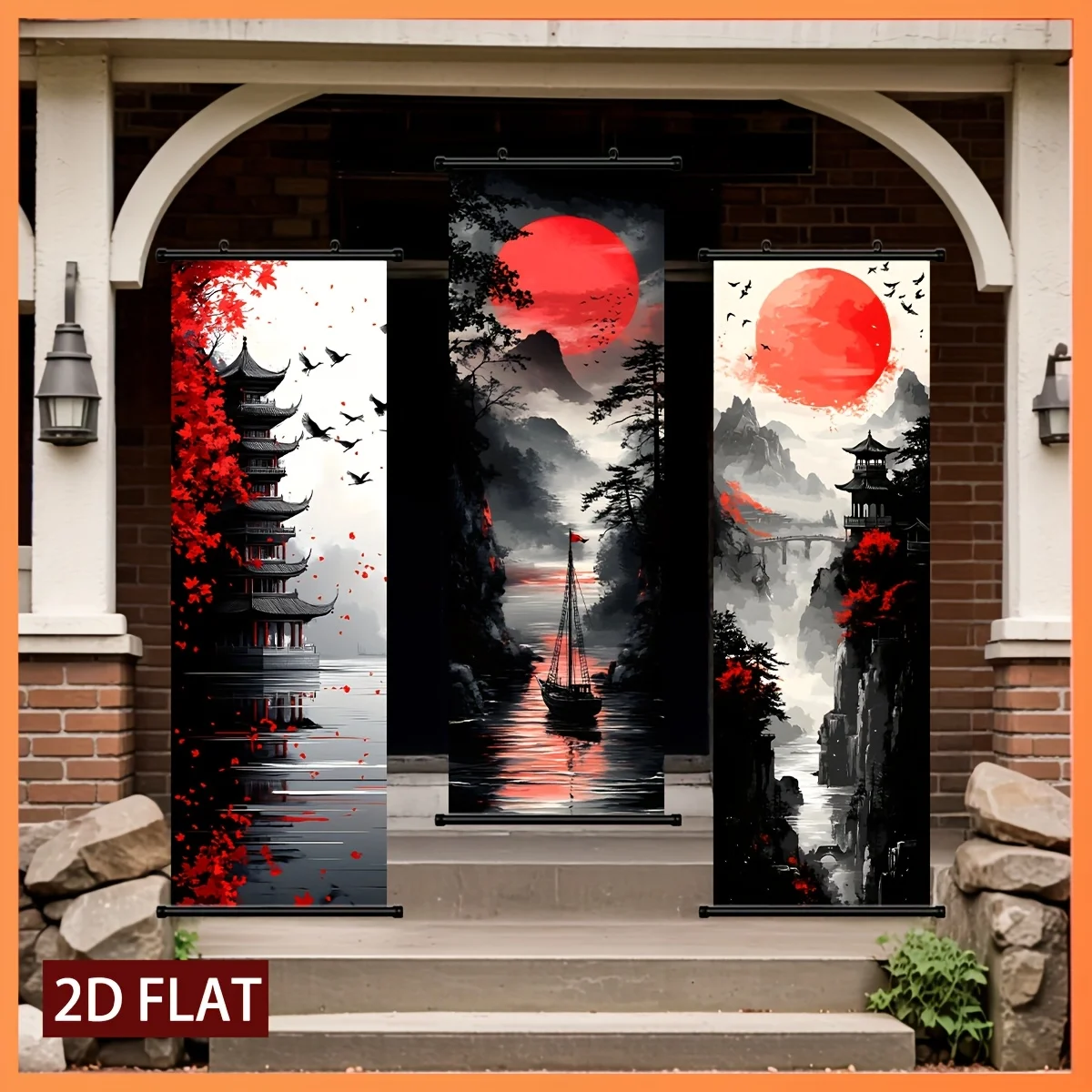 VIKAMA Chinese Red Sunset Pagoda Mountain River 3 Piece Wall Scroll Tapestry Set Sailboat Wall Art Decor for Bedroom