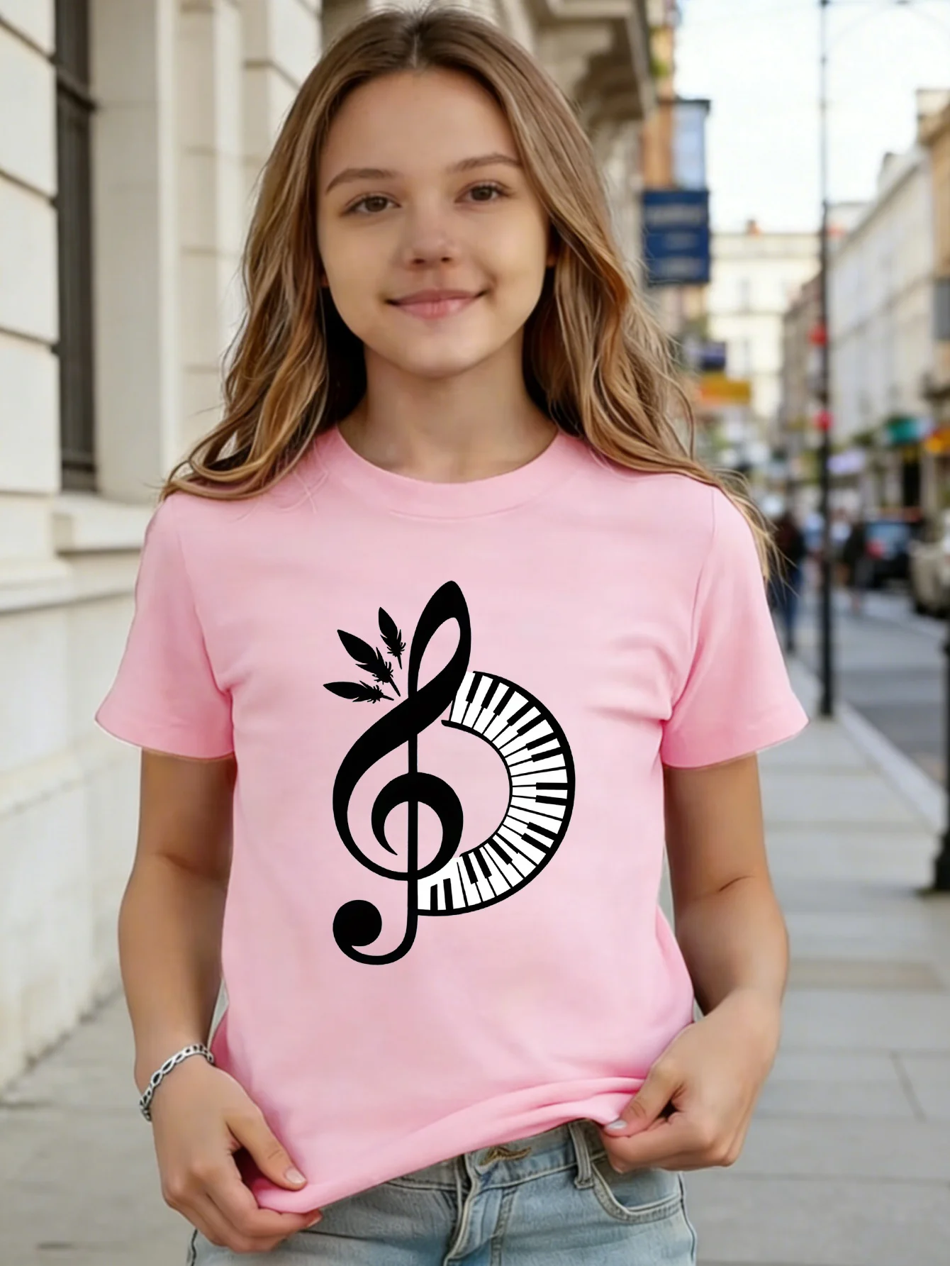 Treble Clef Piano Keys Feather Music Art Graphic Print T Shirt Family Matching Boys Girls Kids Short Sleeve Daily Tees