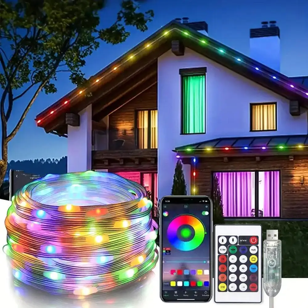 100 светодиодов RGB Smart IC Fairy Lights, [APP и дистанционное управление] Разноцветные гирлянды 33 фута/10 м, IP65, водонепроницаемые, Fairy L с питанием от USB