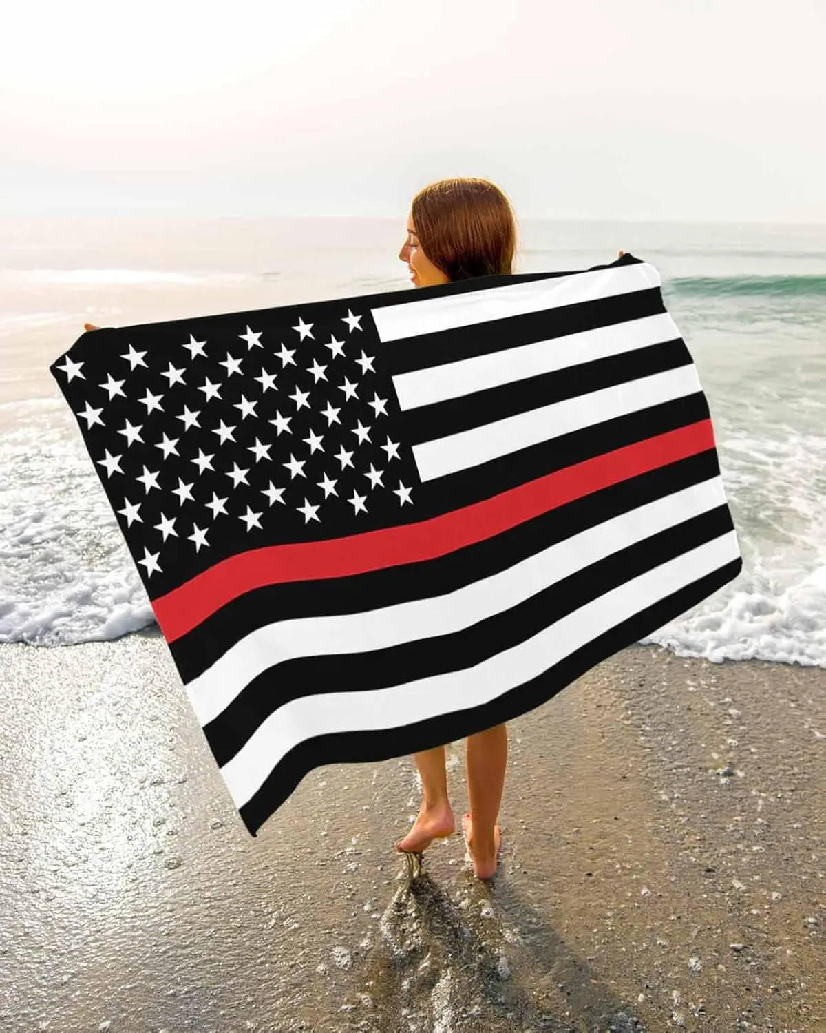 Thin Red Line Flags American Firefighter Red Stripes Flag Lightweight Microfiber Beach Towels, Absorbent Sand Beach Essentials