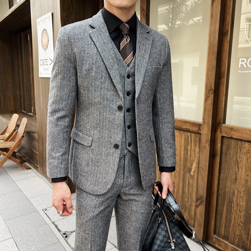 2024 Autumn and Winter Winter Slim High-end Men's (suit + Trousers) Wool Herr Diagonal Slim Double Buckle Three-piece Set