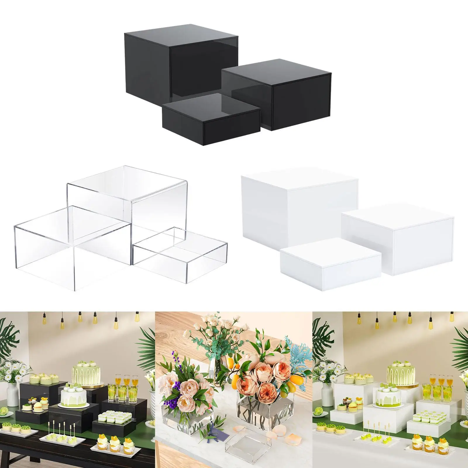 

3 акриловых подставки-кубы для фуршета, витрины, демонстрации еды, парфюмерии, украшений, маленьких фигурок, для дня рождения