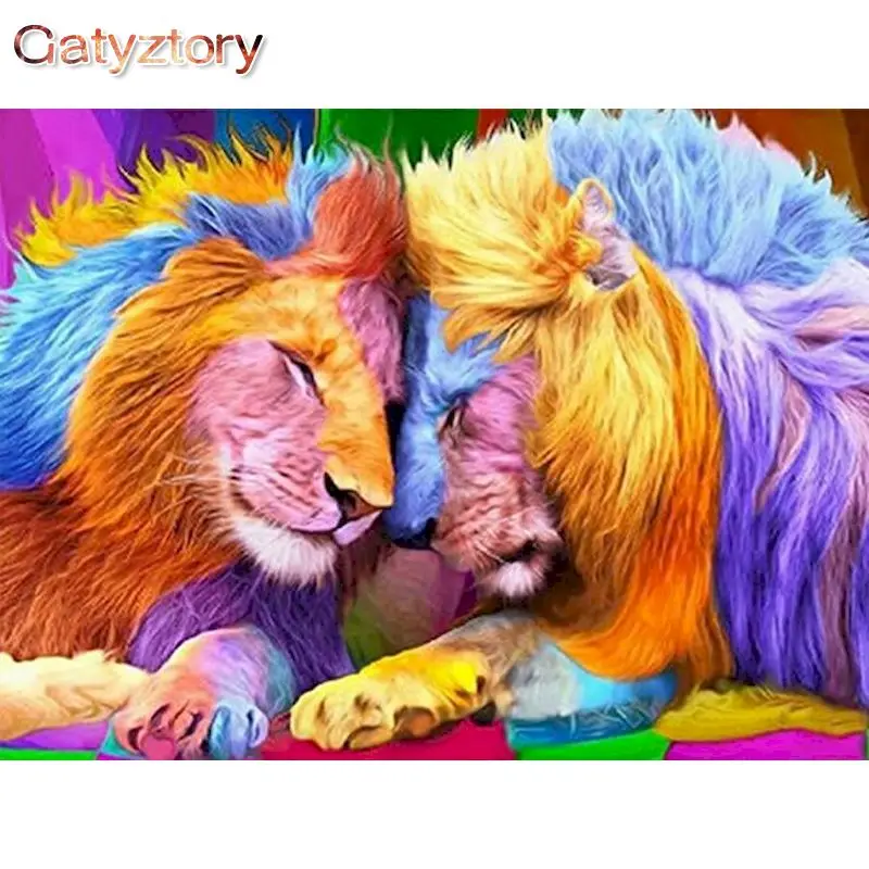 

GATYZTORY Modern Diy Painting By Numbers 40x50cm Frame Two Colorful Lions Animals Paint By Numbers For Beginner Personalized Gif