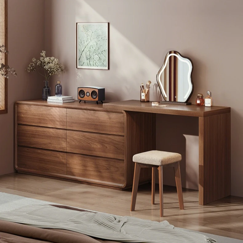 Luxury Solid Wood Integrated Vanity Dresser Combo, Minimalist Multi Drawer Storage Chest Cabinet for Master Bedroom Home Decor