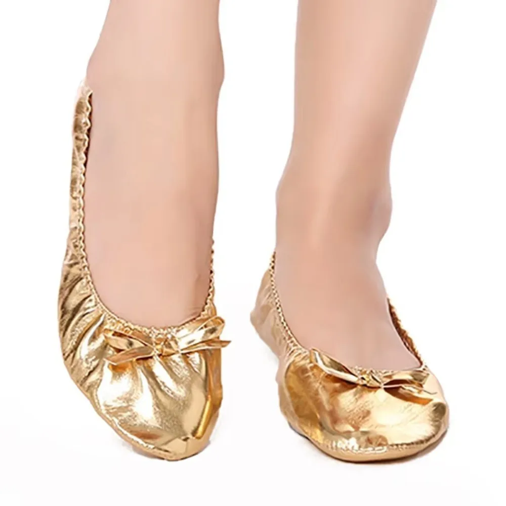 Stylish Bowknot Belly Dancing Shoes Golden Leather Indian Dance Shoes Round Toe Breathable Ballerina Flats Girls