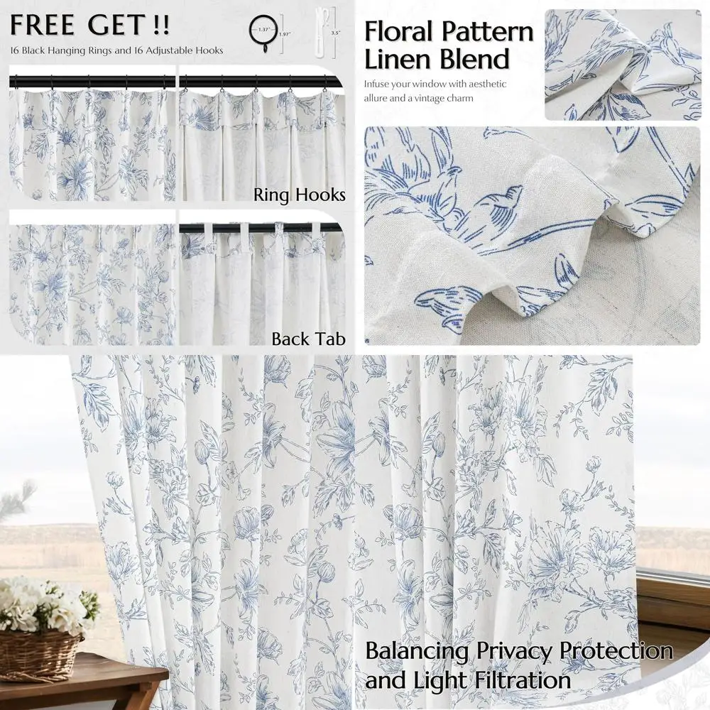 

Льняные шторы с цветочным узором и складками-плиссе, 84 дюйма в длину, для гостиной, спальни и столовой - светопропускающие, в стиле фермерского дома
