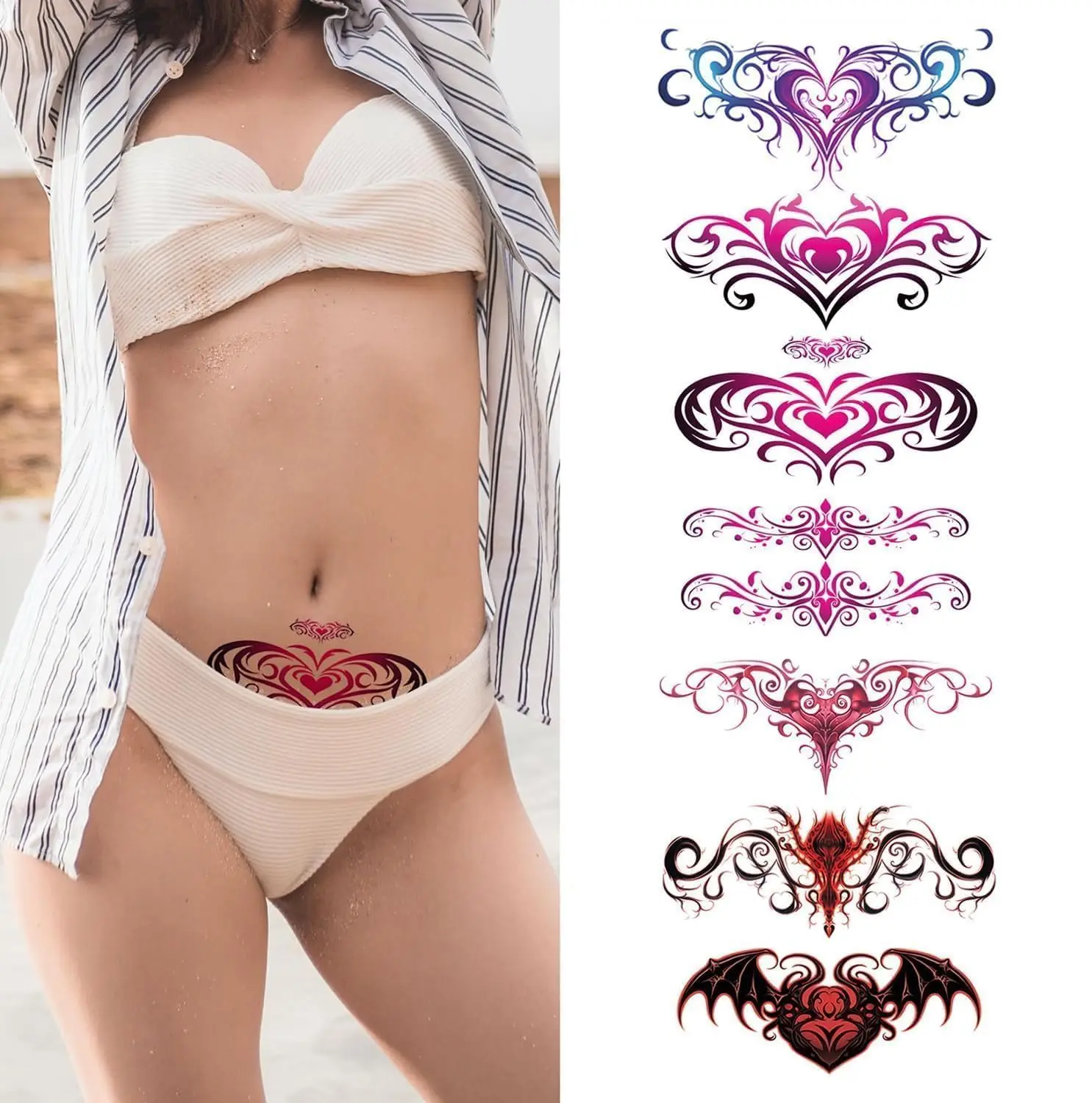 Sexy Succubus Belly Temporary Tattoos -8 Sheets of Colourful Heart Designs Cover Scars Tattoo For Belly Button Back Waist
