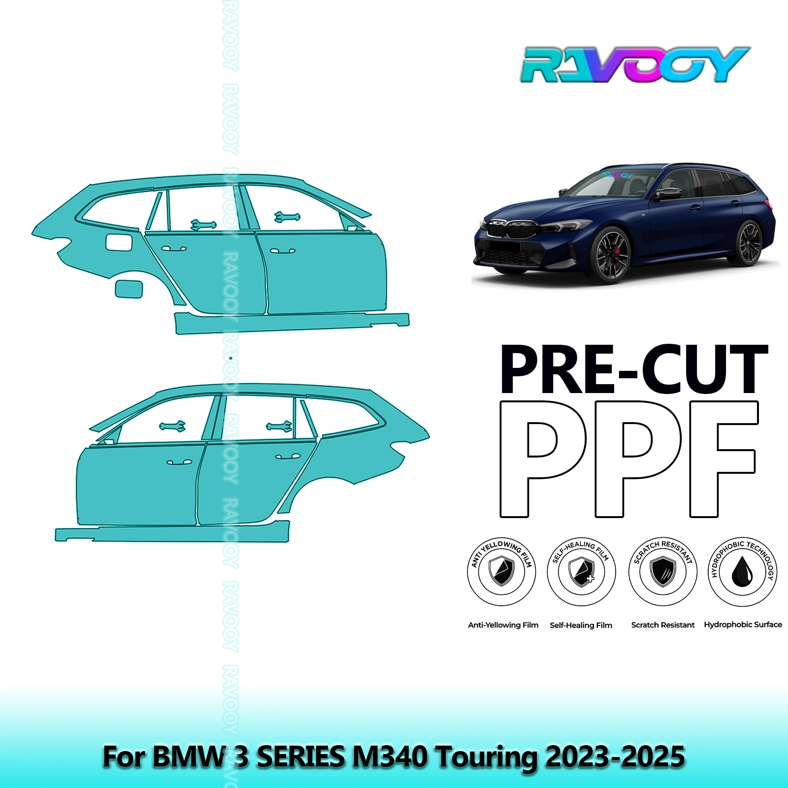 

For BMW 3 SERIES M340 Touring 2023-2025 8.5mil Clear Matte Pre-Cut PPF Door & A/B Pillar Kit TPU Paint Protection Film Set