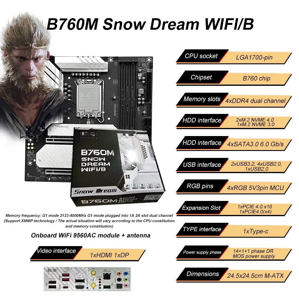 JGINYUE B760M Snow Dream WiFi Motherboard  LGA1700 Support Intel Core i3/i5/i7/i9 12th 13th 14th Processor Dual channel DDR4