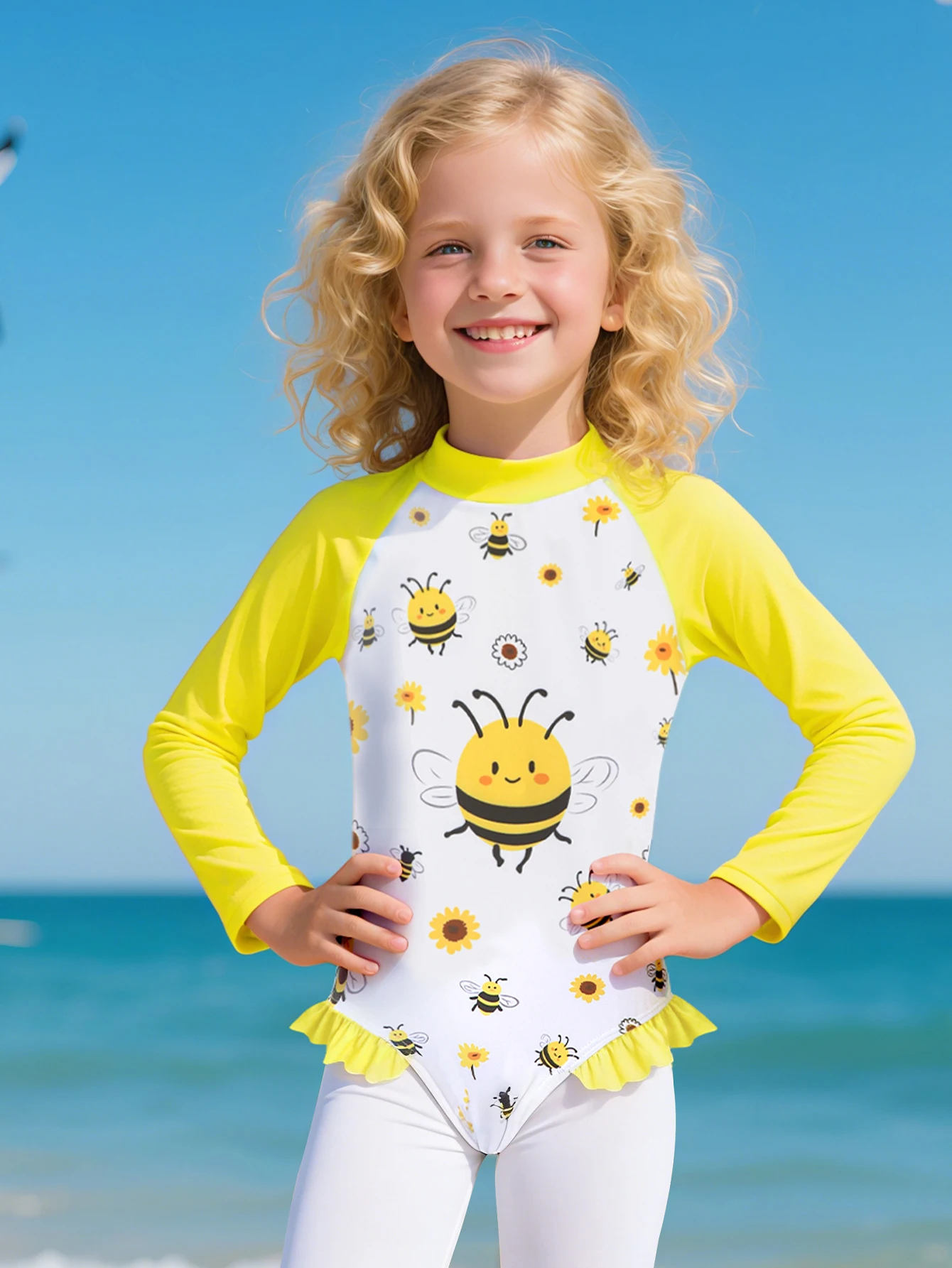 

Купальник с длинными рукавами и рюшами для маленьких девочек, цельный купальный костюм на молнии, новинка, пляжный купальный костюм с принтом