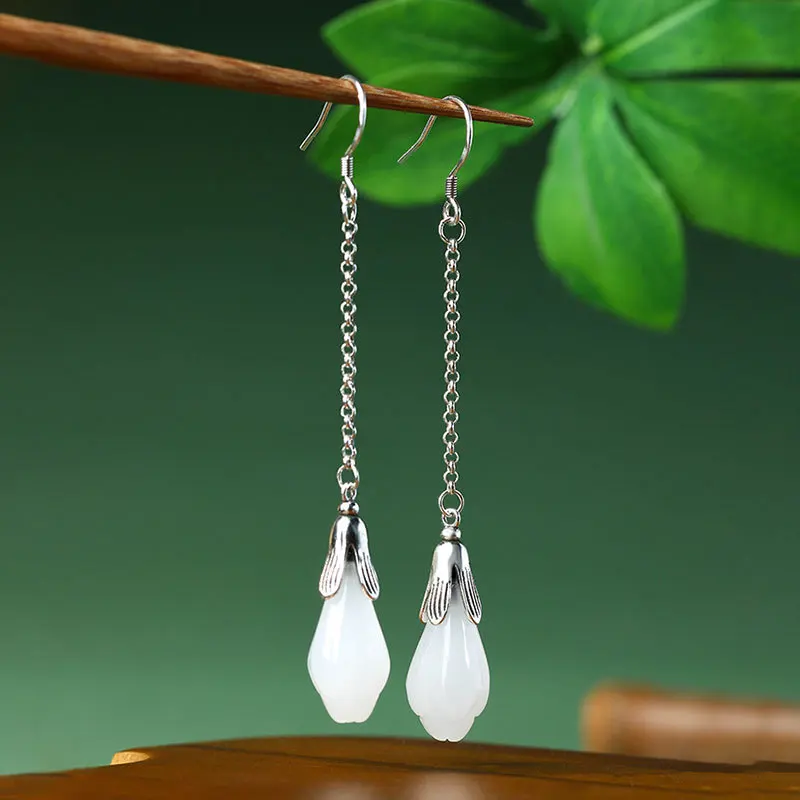 White Real Jade Flower Earrings Natural Jewelry Women Vintage Amulet Gifts Charm Energy Gemstone 925 Silver Fashion Stone