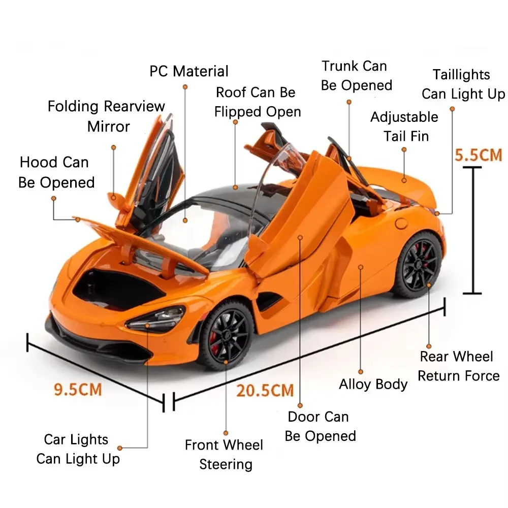1:24 Senna 720s Miniature in lega Supercar Modello Giocattoli Diecast Vehice Suono Luce 4 porte aperte Tirare indietro Giocattolo per il regalo dei bambini