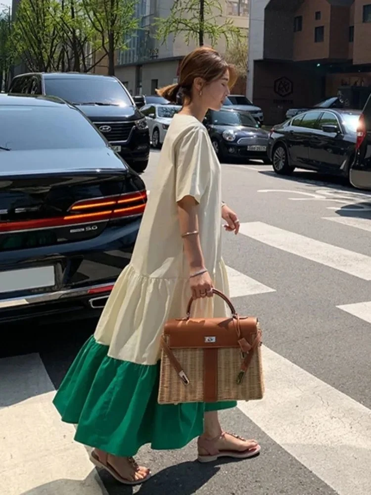 Grande taille T-shirt Dr avec ourlet à volants Fi queue jupe longue coupe ample été couverture décontractée ventre minceur col carré Dr