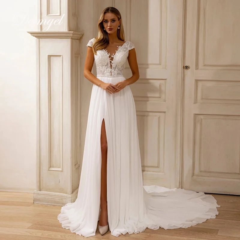 

Detmgel New Simple SCOOP Neck A-Line Wedding Dresses BOHO Backless Beaded Appliques Court Train Bridal Gown Customized