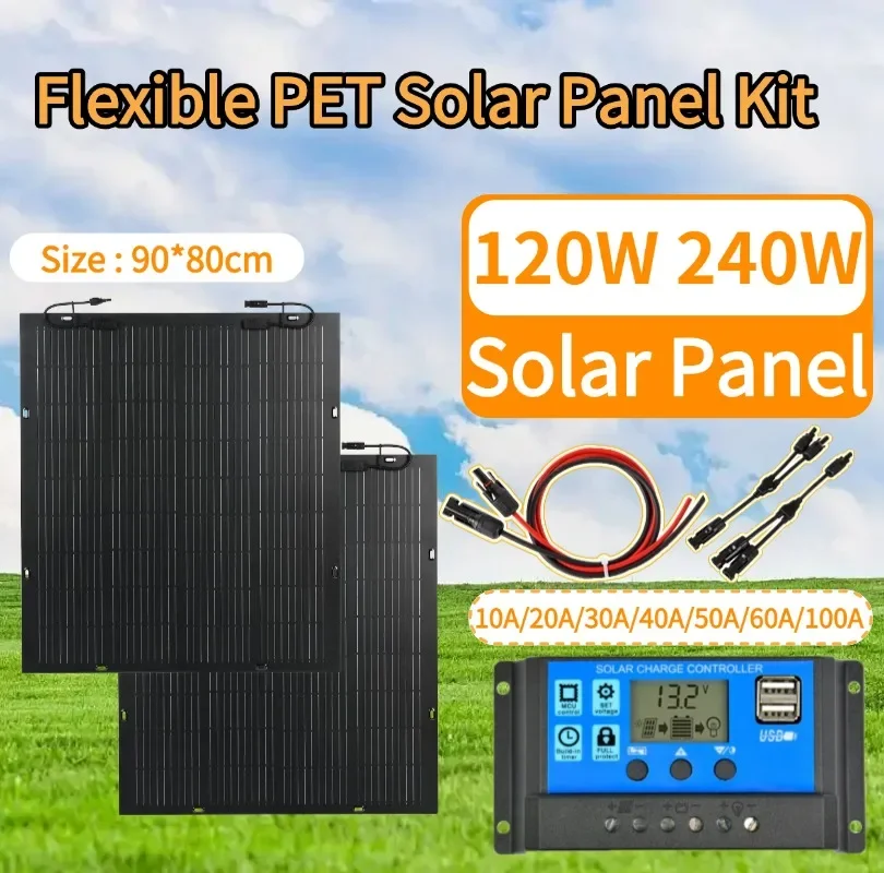 240W 120W 18V Flexible Solar Panel Kit Waterproof High Efficiency DC Charging Line Controller Lightweight Free Sun Power for RV