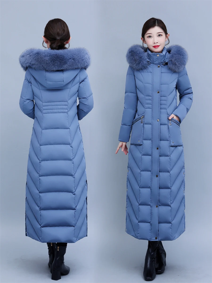 Fit -25 Cold Weather S-4XL Real Fox Fur Hooded Down Coats Women Winter 125cm Super Long Thicker Warm Thicker Warm Parkas WY1125