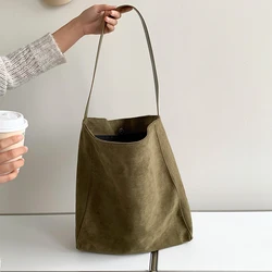 Vintage Faux Suede Women Bucket Shoulder bags Large capacity Commuting female handbag Casual big totes ladies hand bags green