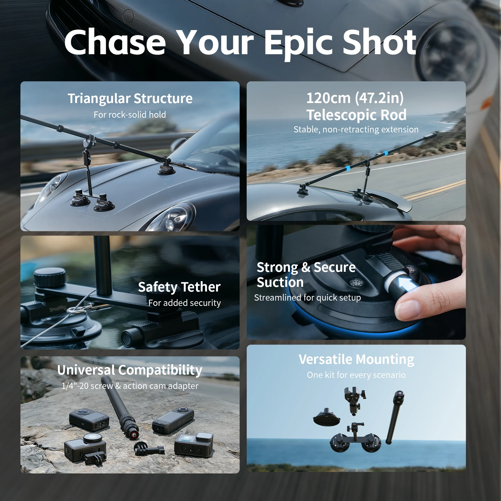 Zestaw mocowań na przyssawki do pojazdów SmallRig z przedłużonym kijem do selfie do kamer sportowych GoPro, Insta360, DJI -5843 — zdjęcie produktu 2