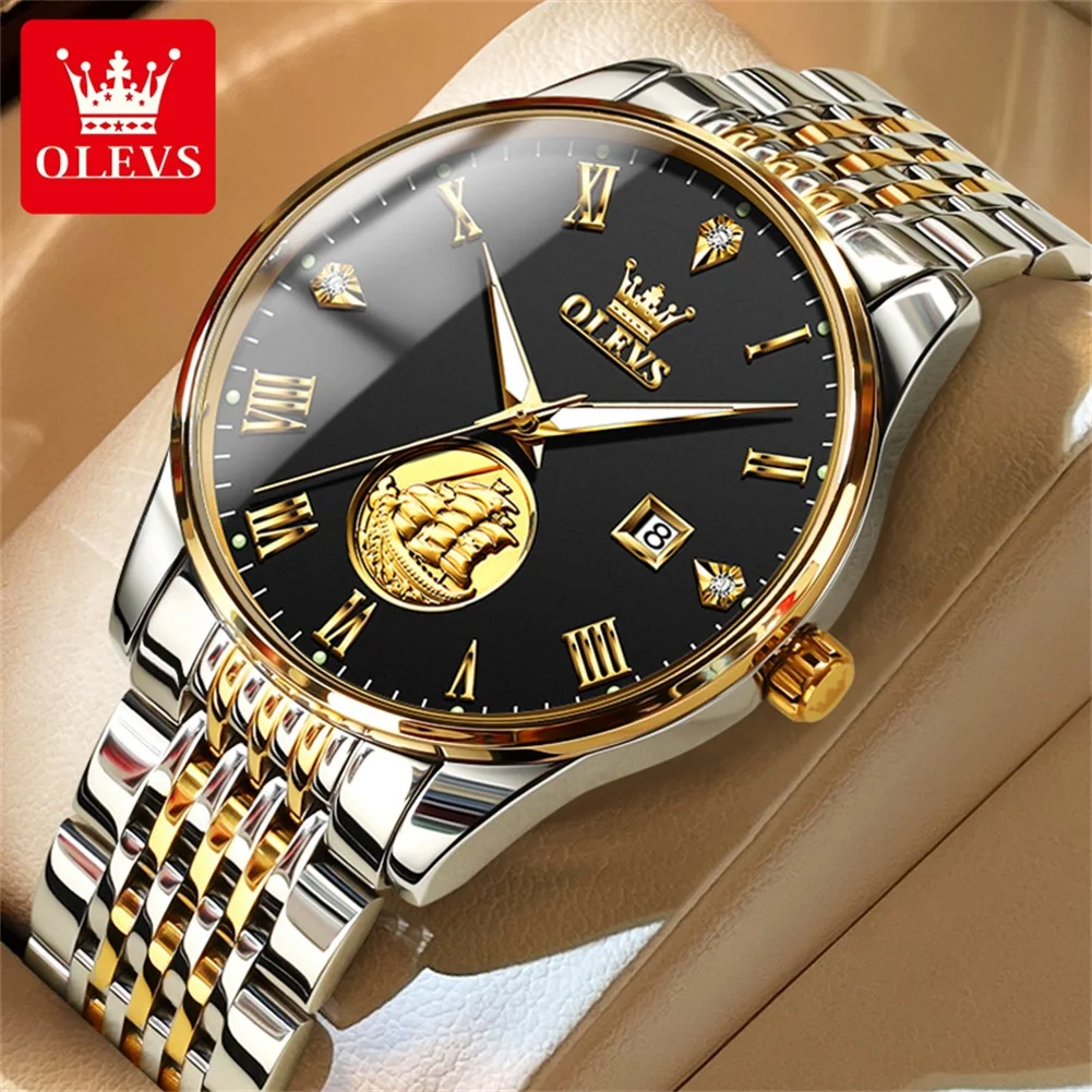 

OLEVS Brand Fully Automatic Mechanical Watch Luxury Watch for Men Relie Sailboat Stainless Steel Waterproof Date Men WristWatch