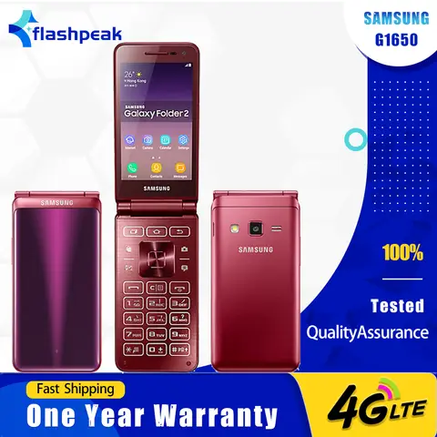 Original Samsung Galaxy Folder2 G1650 4G Mobile Phone 3.8'' Dual SIM 2GB RAM 16GB ROM Flip CellPhone 8MP+5MP Android SmartPhone