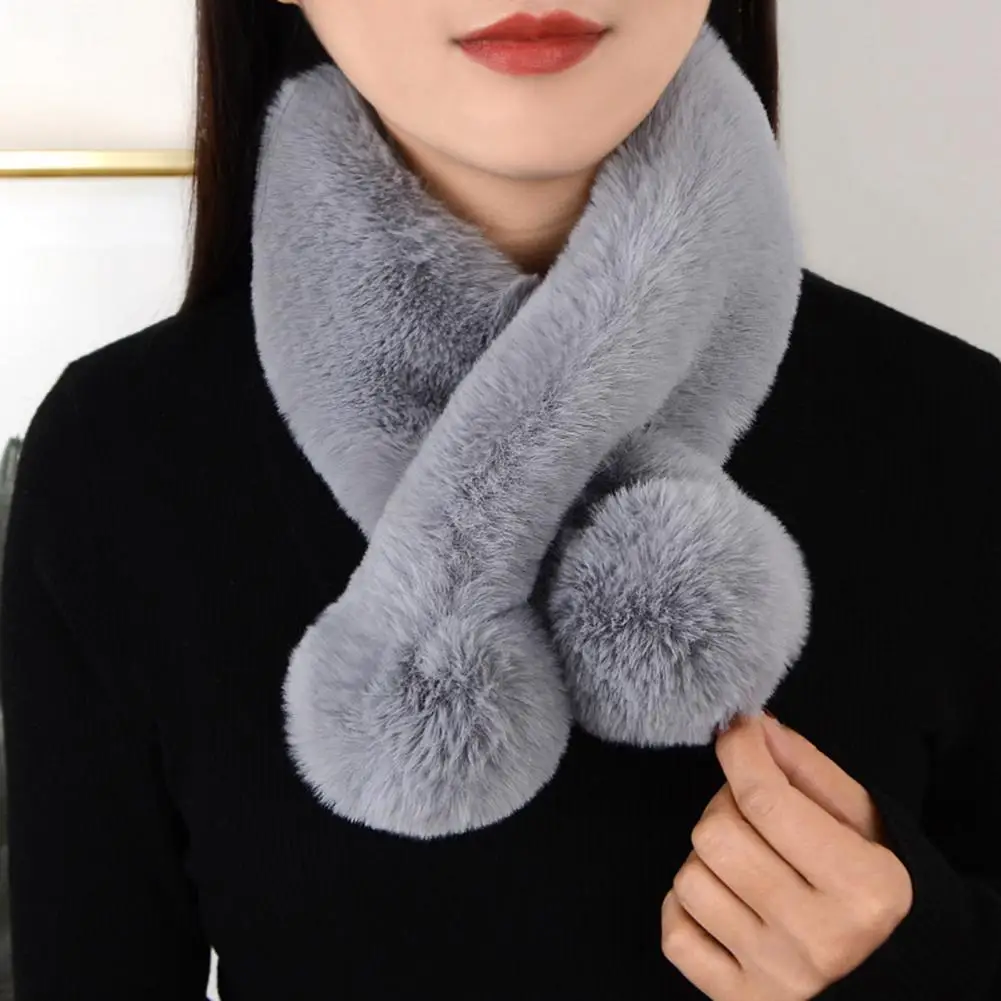 Cross Scarf Faux Rabbit Fur Fuzzy Thickened Pompoms Soft Cold Resistant Solid Color Autumn Winter Women Neck Warmer Collar Scarf