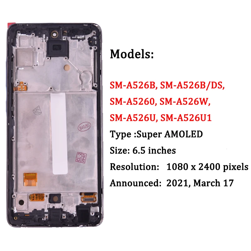 Super AMOLED For Samsung A52 5G A526 LCD Display Touch Screen With Frame Digitizer For SM-A526B A526U LCD Display Replace