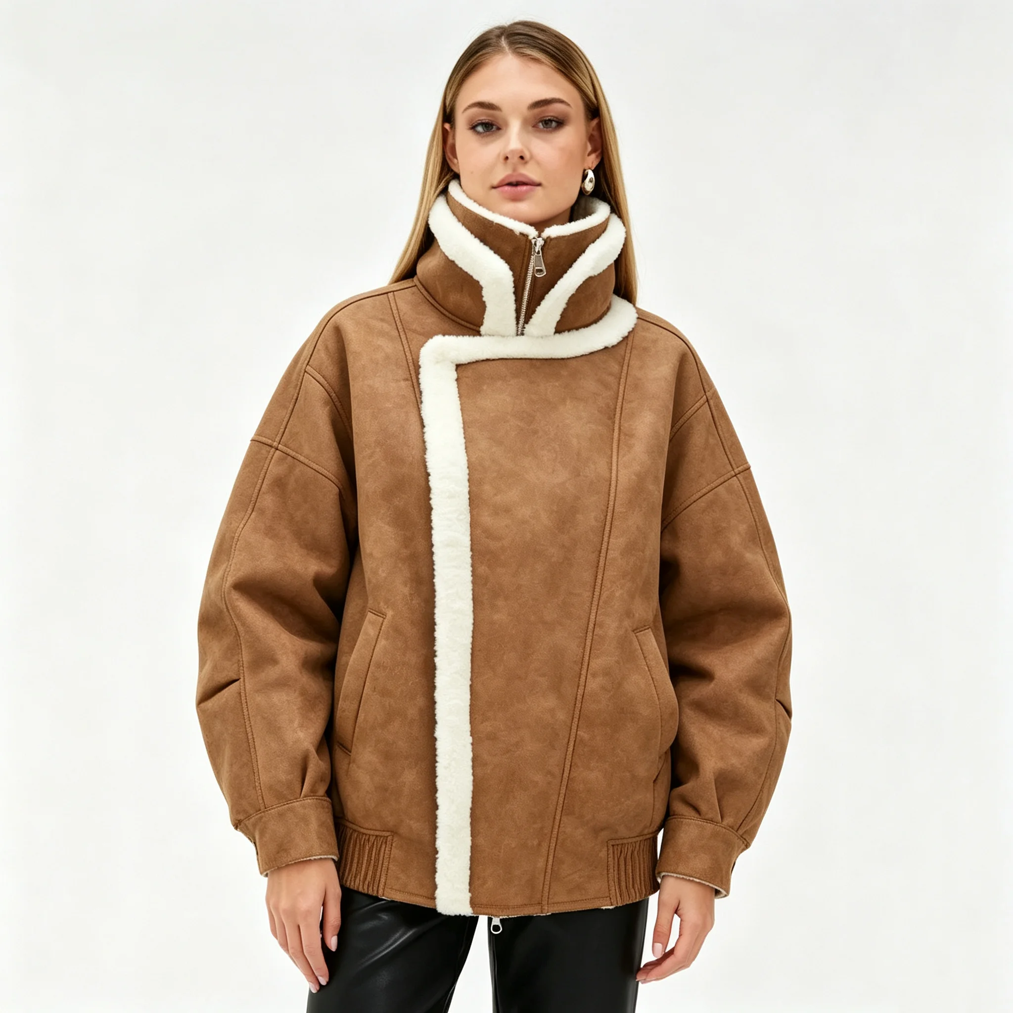 RU Ladies Faux Suede Shearling Jacket Stand Collar Asymmetrical Zip Loose Fit Ribbed Cuff Warm Fleece Lined Street Outerwear
