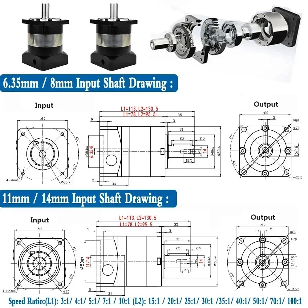 Nema23 Planetary Reducer 200W 400W Servo Motor Reducetion Gearbox Gear 6.35/8/11/14mm Input 14mm Output Ratio 5:1 10:1 for 60mm