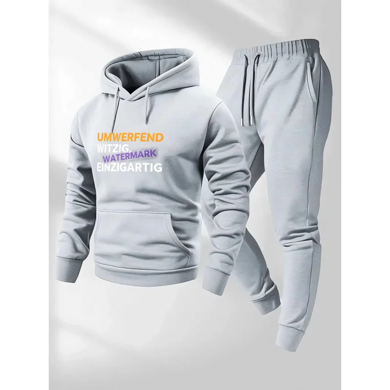 طقم هوديي رمادي مطبوع عليه نص UMWERFEND WITZIG WATERMARK EINZIGARTIG