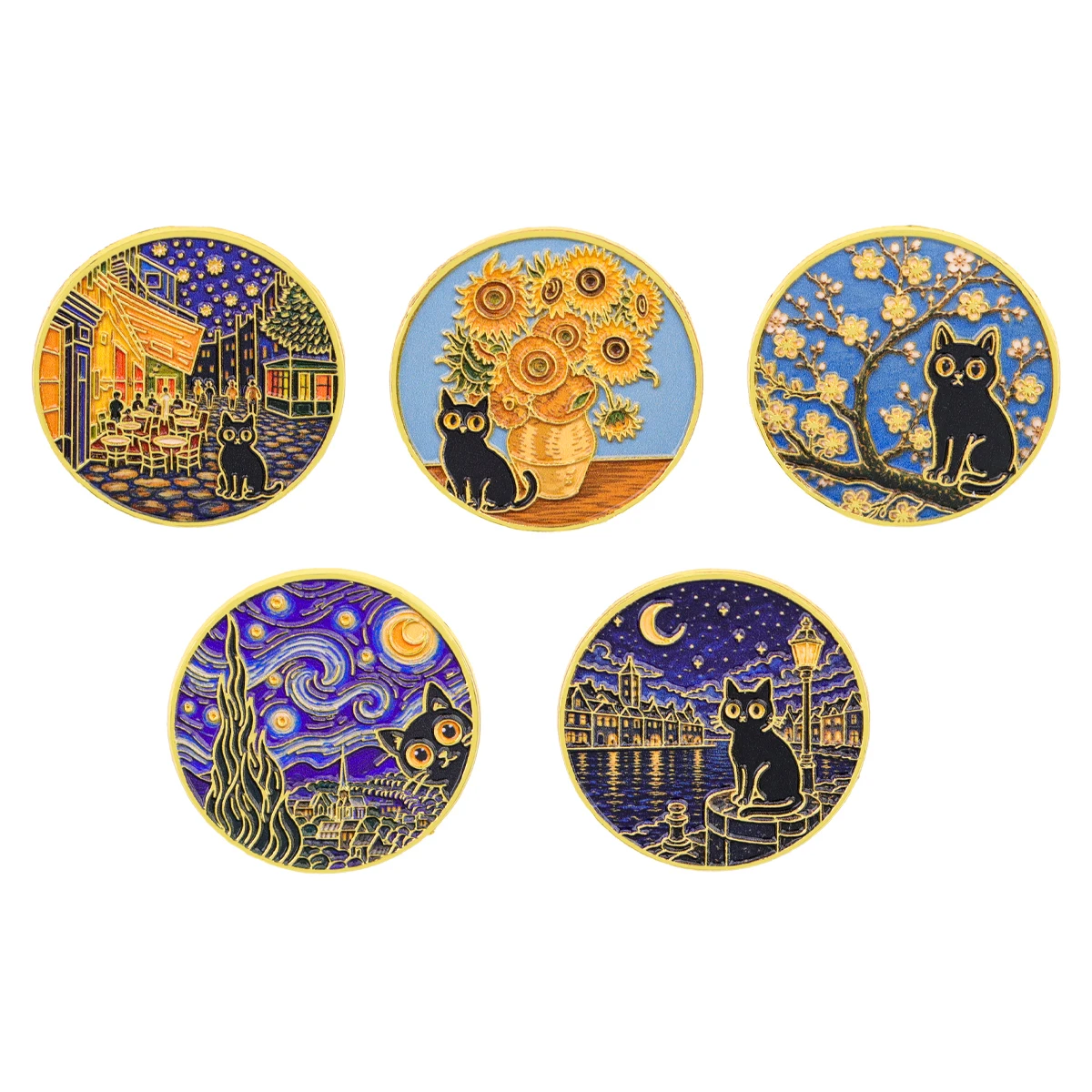 5pcs Van Gogh Enamel Pin Cartoon Black Cat Brooch For Coat Women's Brooches Collar Lapel Pins Metal Badges Jewelry Art Gift
