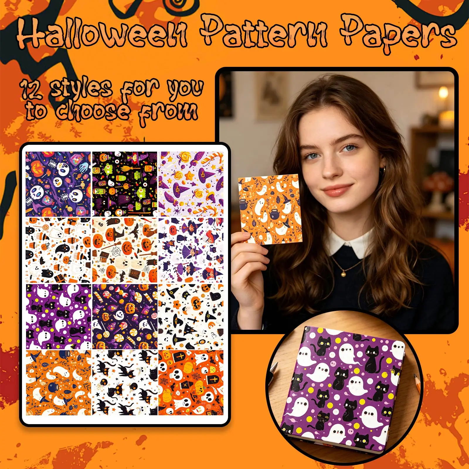 12 Sheets Halloween Theme Wrapping Papers Ghost Skull Spider Web Pattern Gift Wrap Tissue Paper DIY Craft Scrapbooking Supplies